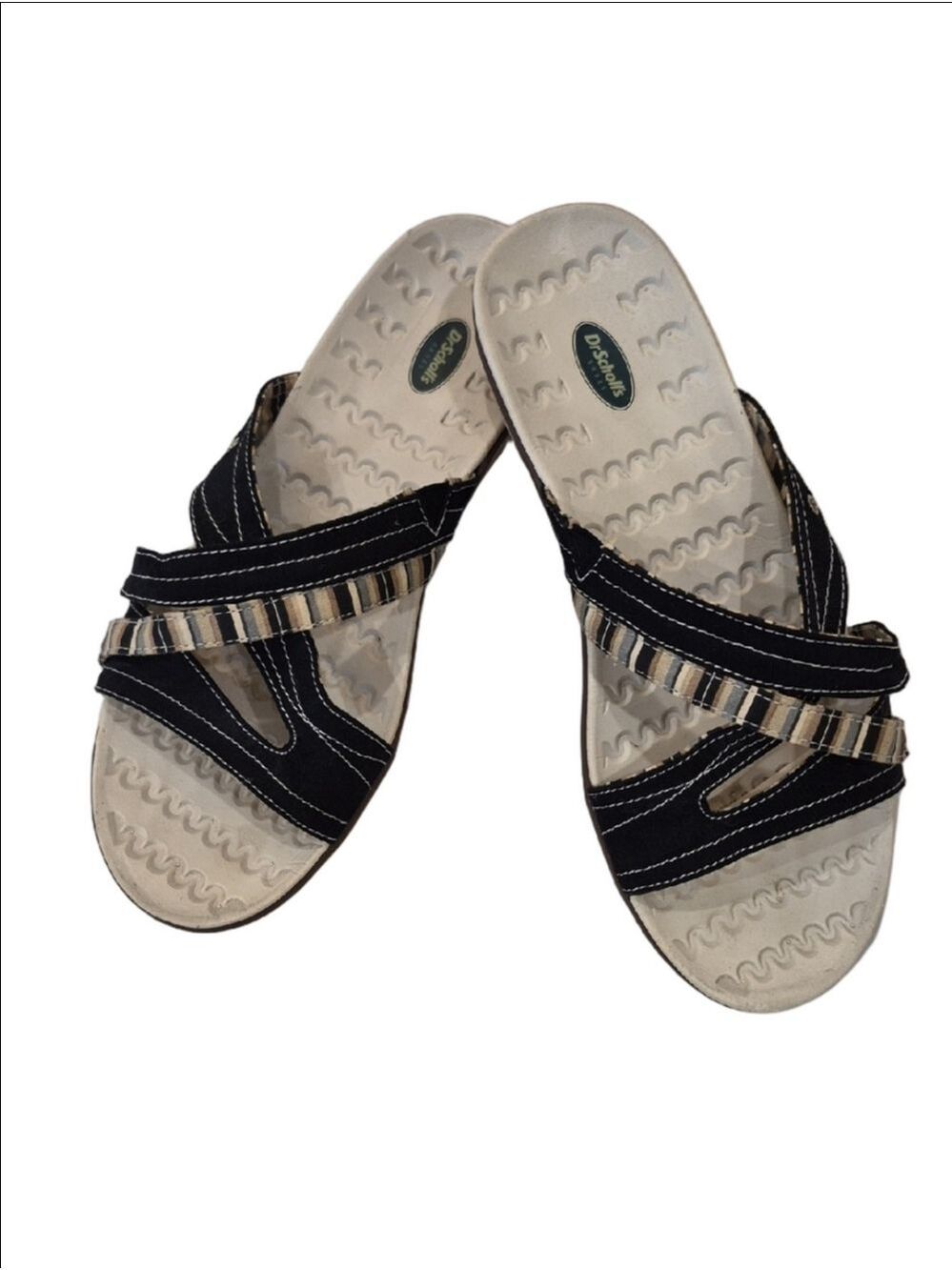 Dr. Scholl's Darby Model In  Navy  Blue Slide Sandals with Beige Striped Accents